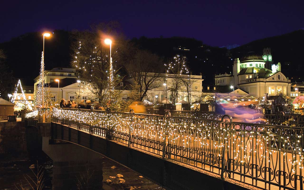 Lighted bridge in Merano during the Christmas time