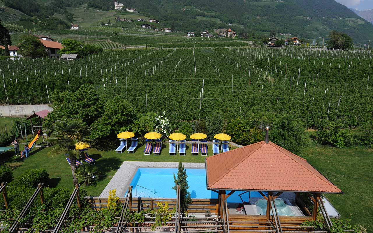 Panoramic view of the pool of Hotel FleurAlp and the surroundings graveyards